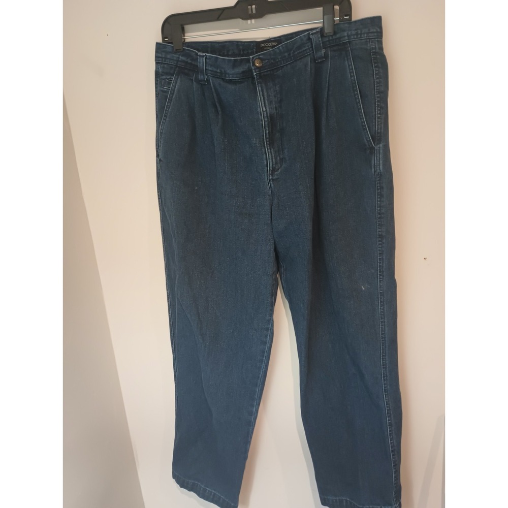 Vintage Dockers Khakis Blue Denim Pants Pleated Front Mens 36x31 Dark Wash